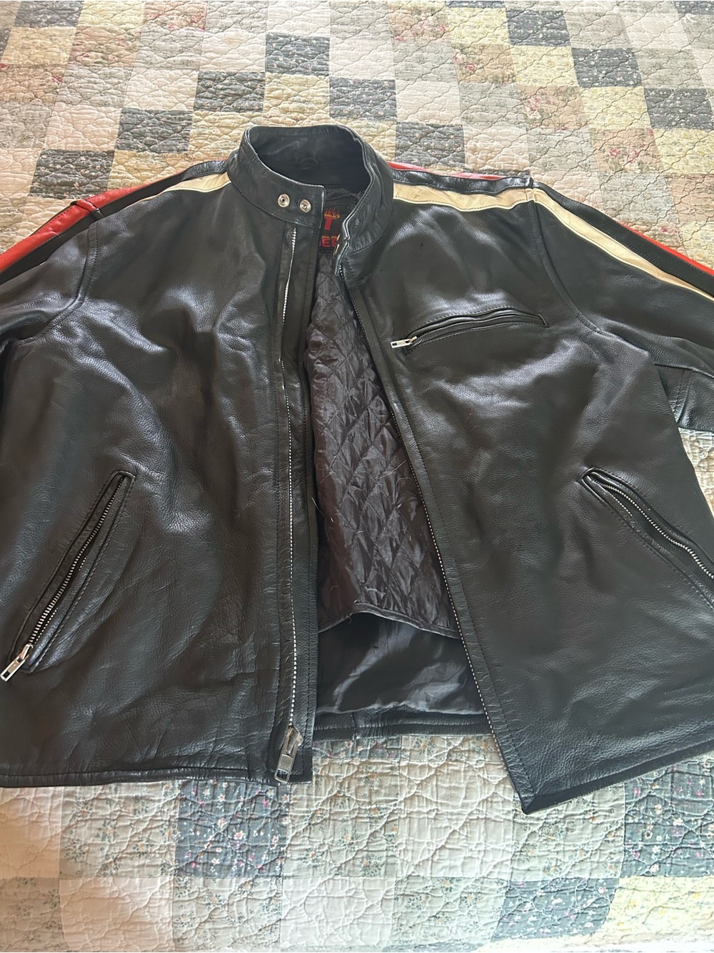 Men's Black Leather Bomber Jacket with Red & Cream Shoulder Stripes